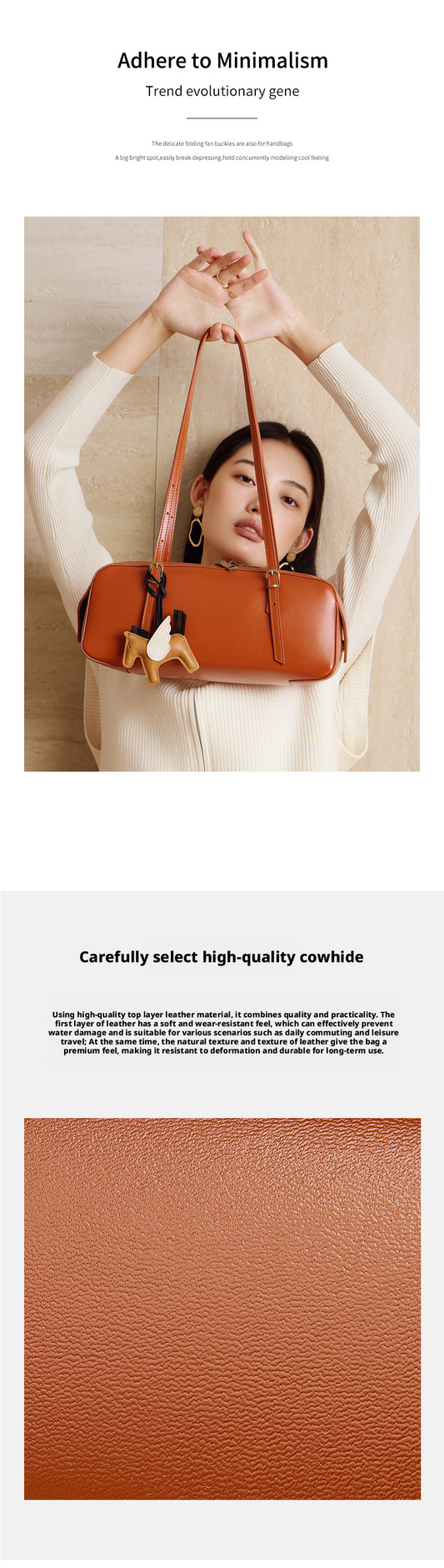woman holding a stylish brown leather bag, showcasing leather bag care tips for durability and style.
