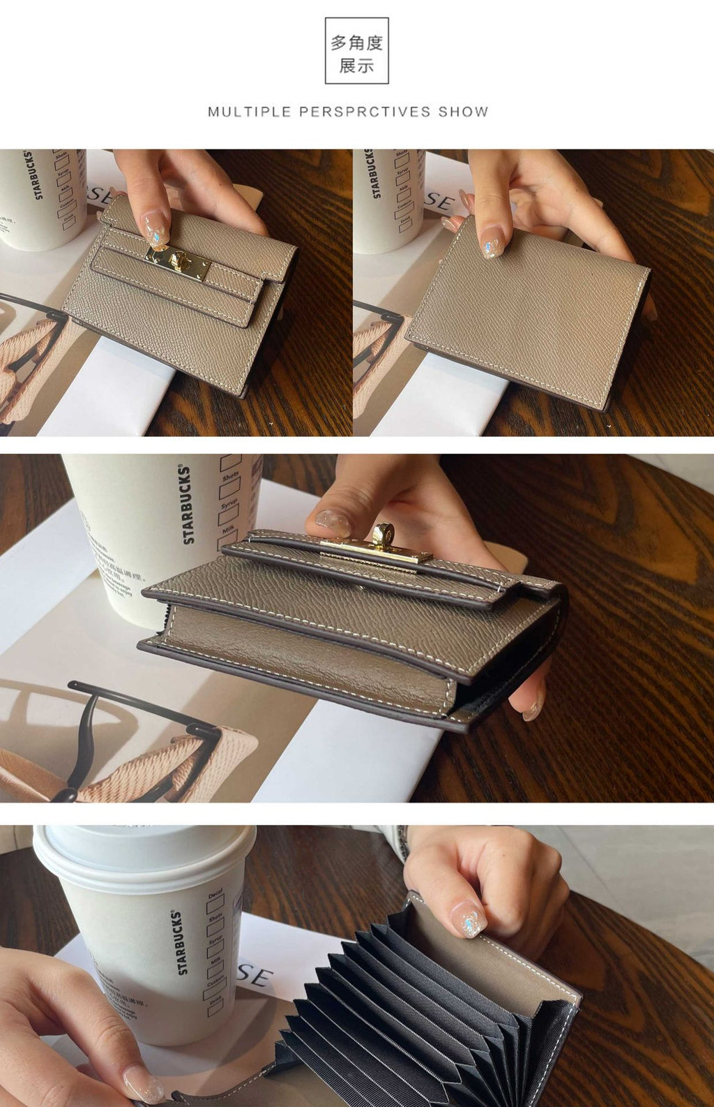 Elegant leather card bag shown from multiple perspectives, highlighting its premium craftsmanship and design.