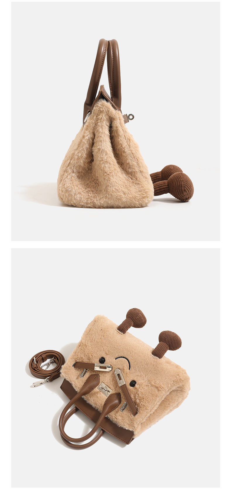 Woolen handbag for winter featuring a cute fuzzy design and spacious interior for carrying essentials.