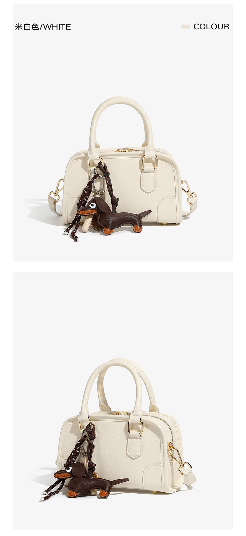 classic leather Boston bag in white with a decorative charm, showcasing its elegant design and travel-ready style.