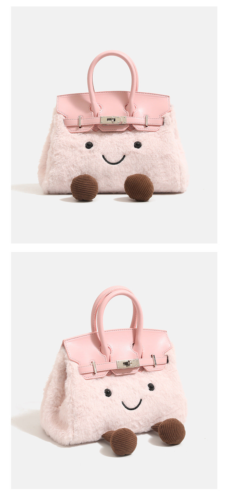 Cute woolen handbag for winter with smiling face and plush texture, showcasing stylish design and functionality.
