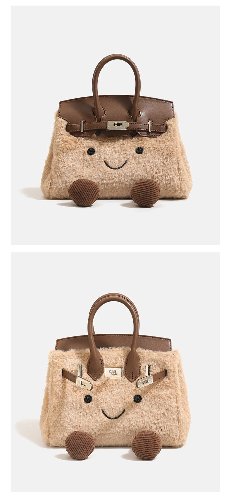 woolen handbag for winter with cute face and brown accents, perfect for carrying essentials in style.