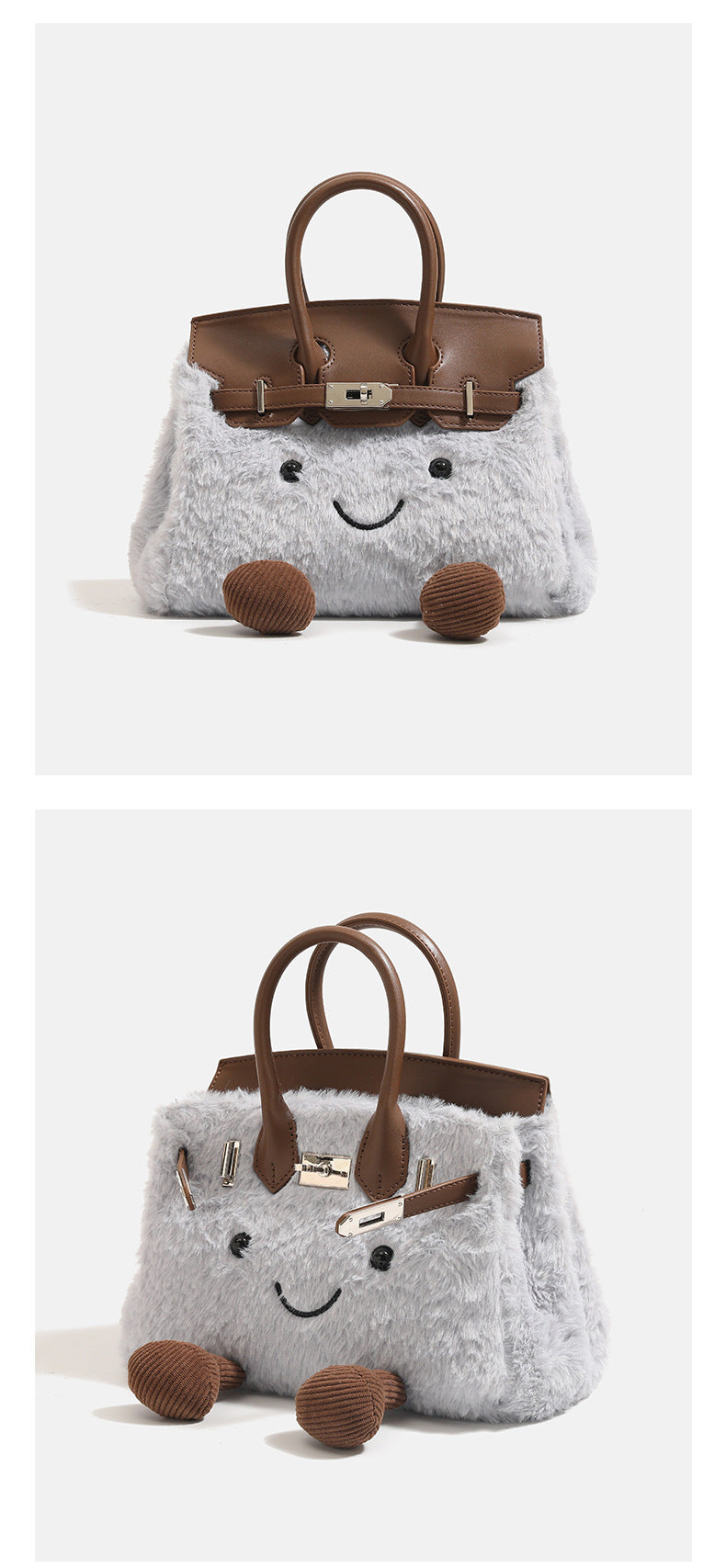 Woolen handbag for winter featuring a cute design with a smiling face and spacious interior.