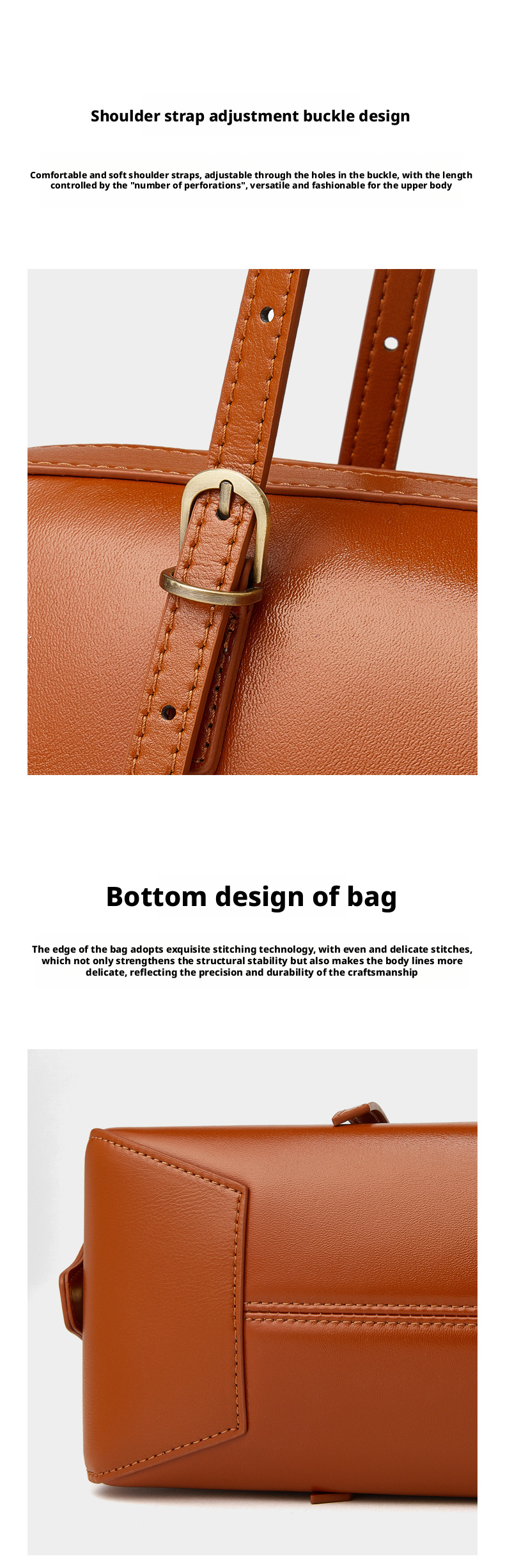 Shoulder strap adjustment buckle and bottom design of leather bowling handbag from Dreamland Series.