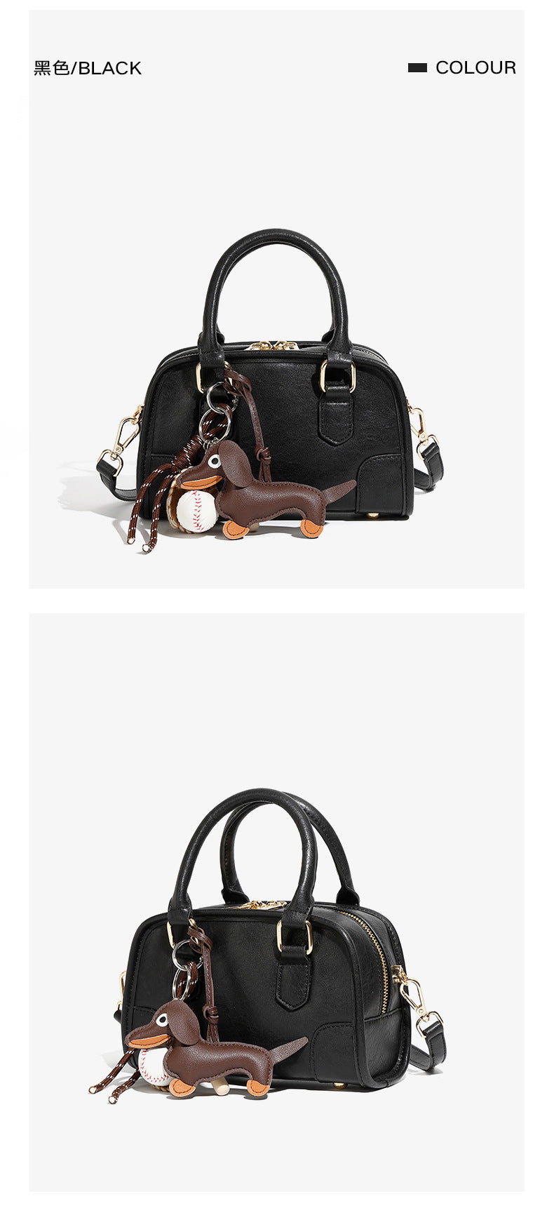 classic leather Boston bag in black with a cute animal charm attached.
