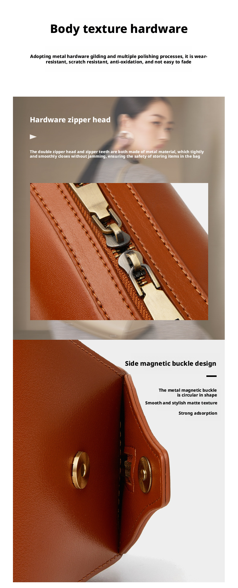 Close-up of leather bowling handbag features, highlighting hardware zipper head and side magnetic buckle design.
