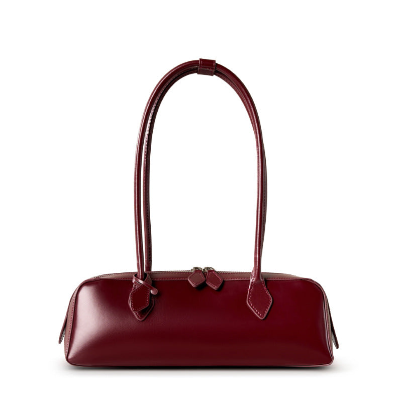 2025 Winter Leather Baguette Bag in deep burgundy with elegant structured design and durable leather.