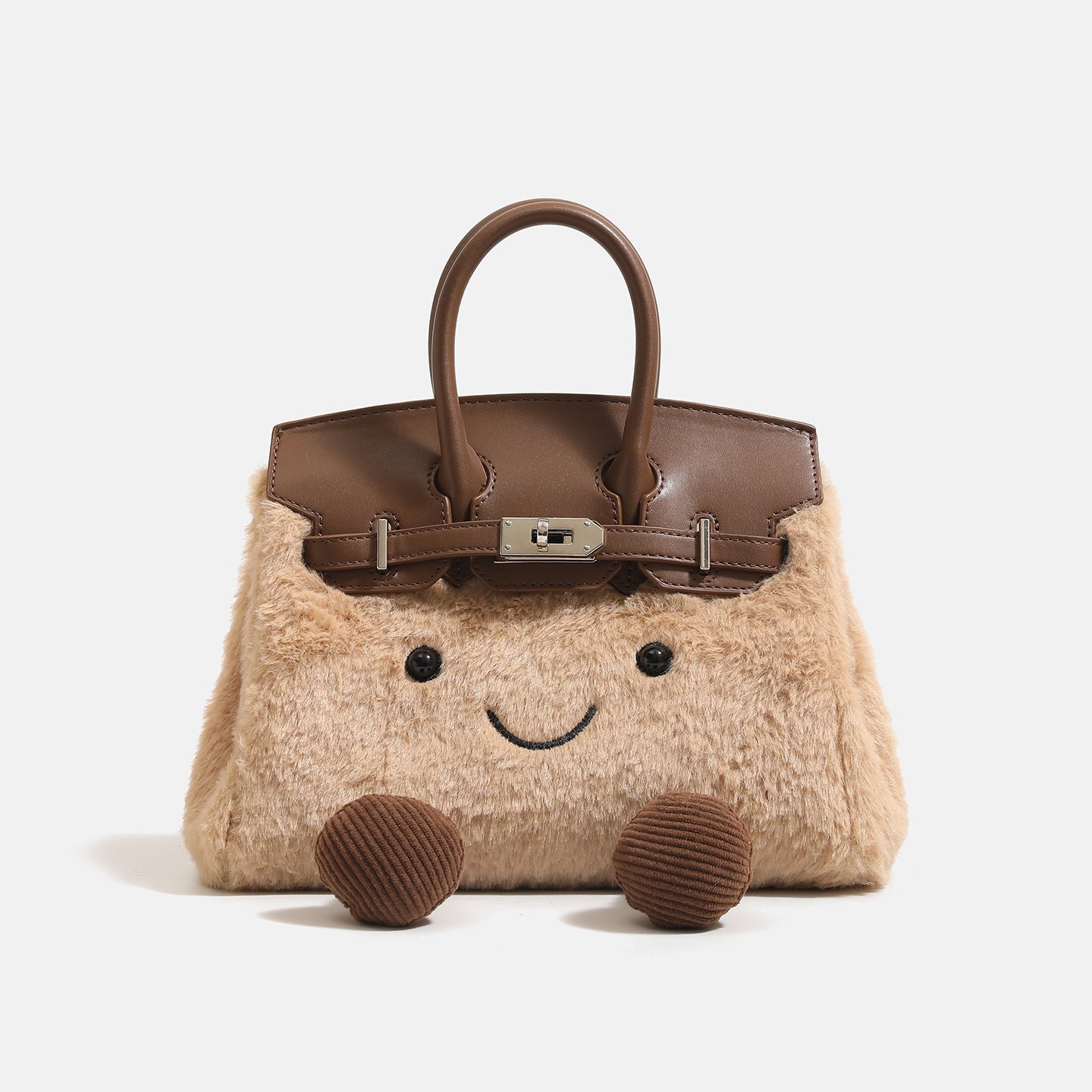 Cute woolen handbag for winter with plush texture and smiley face, perfect for carrying essentials.