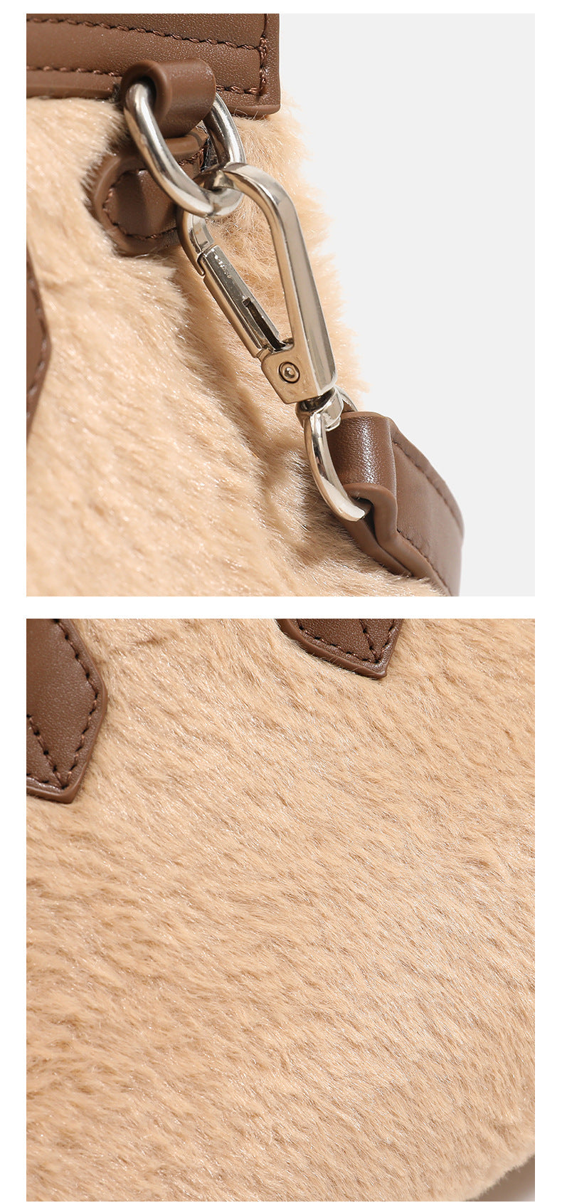 Close-up of the stylish metal clasp on a soft, beige woolen handbag for winter, showcasing its fashionable design.