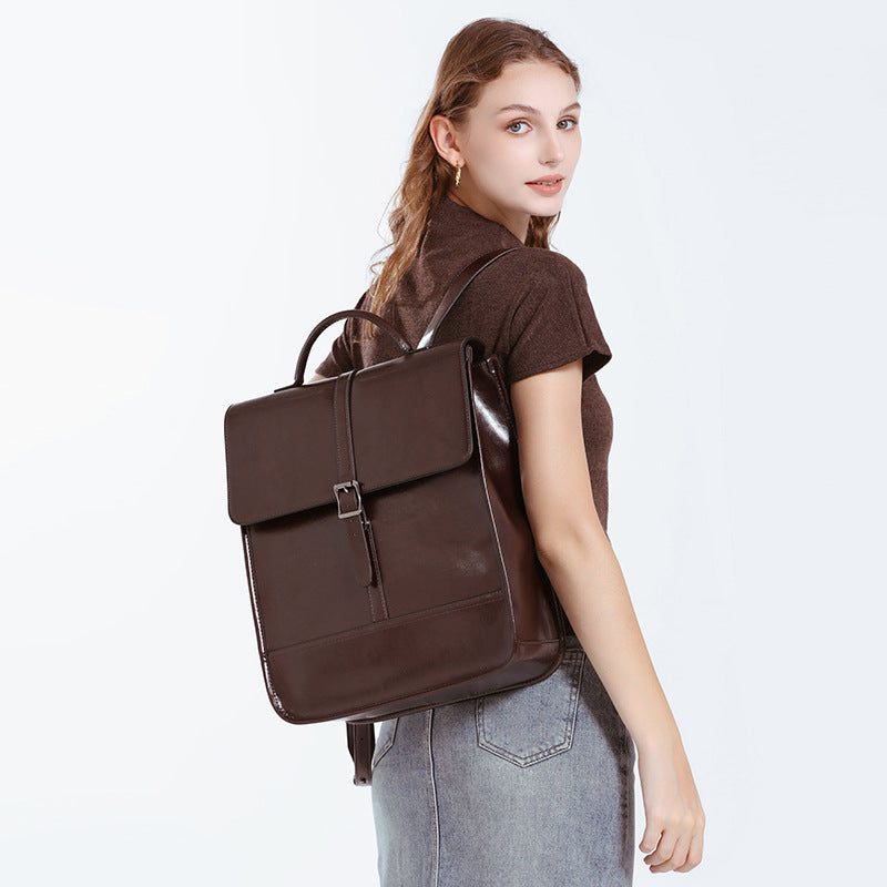 2025 Old School Classic Leather Ultra-Large Capacity Backpack worn by a model, showcasing its stylish design.