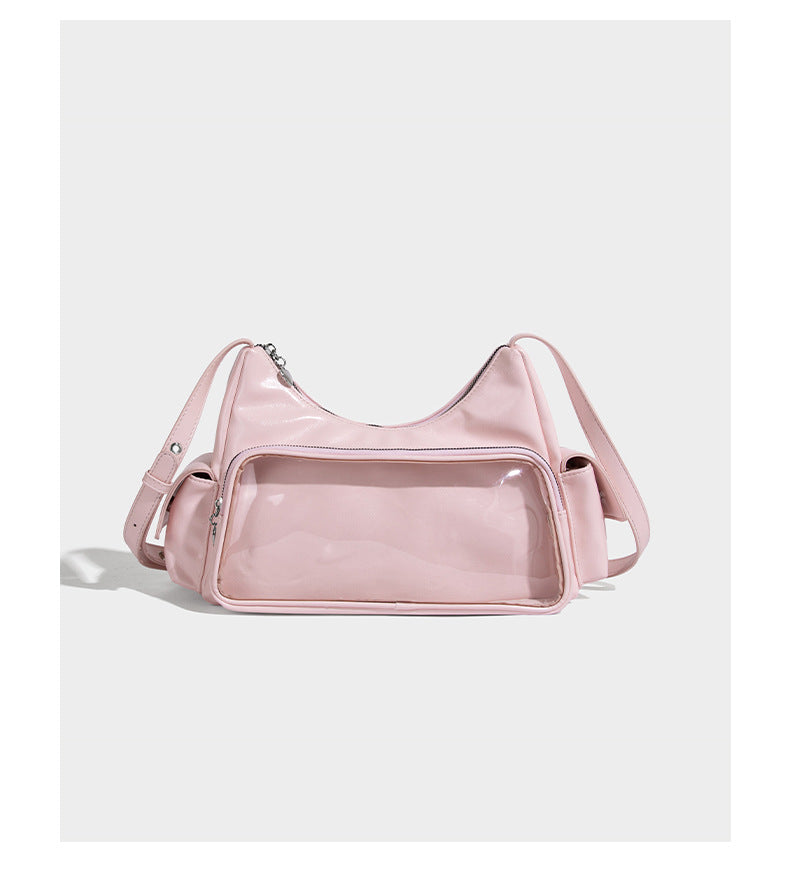 anime-inspired tote bag in pink with a transparent front pocket for stylish and practical use.