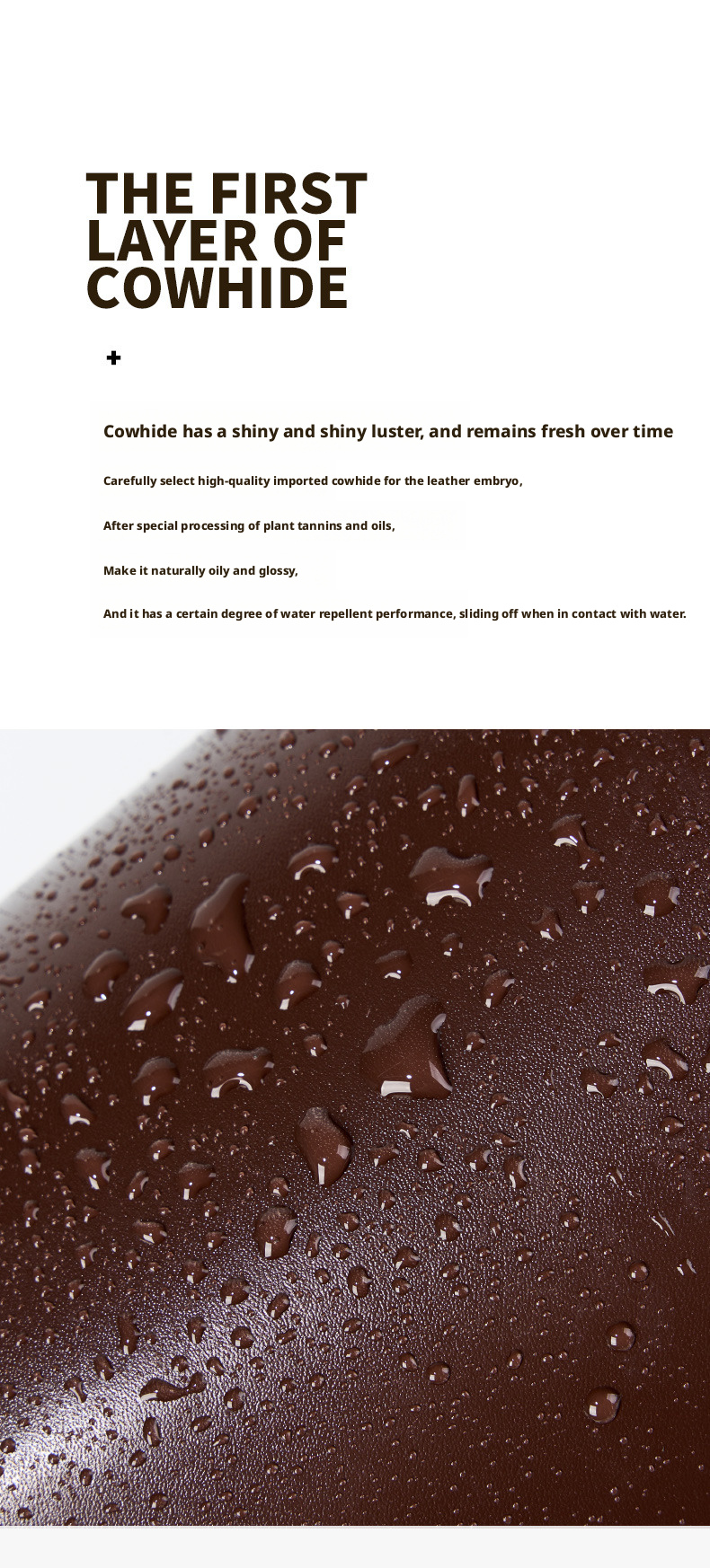 Close-up of brown cowhide leather showcasing water beads on its surface, highlighting durability and quality.