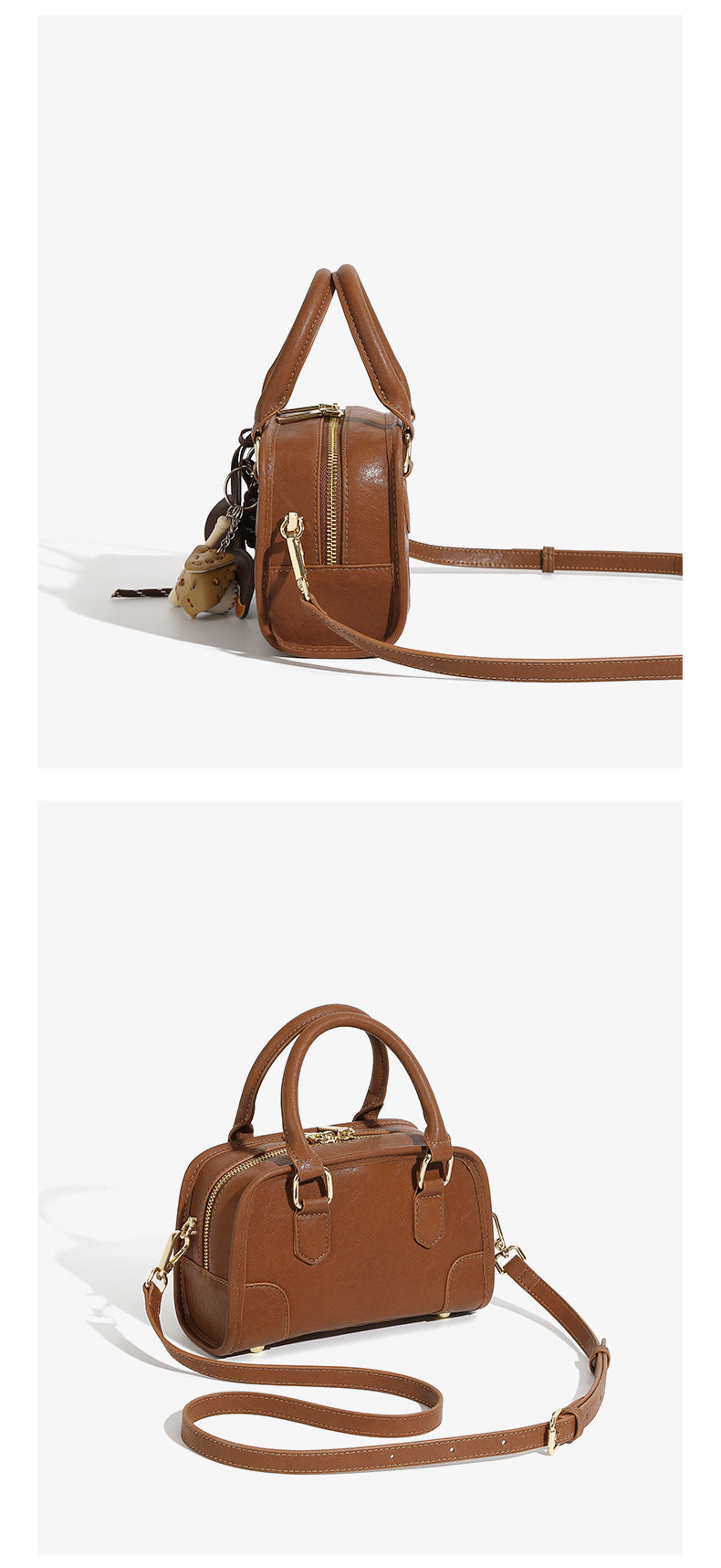 classic leather Boston bag showcasing sleek design and high-quality craftsmanship from multiple angles.